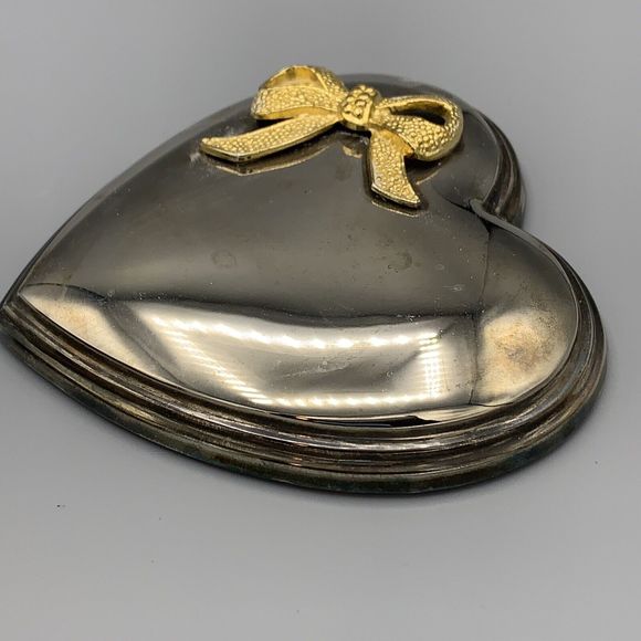 Vtg Metal Silver Toned Heart Trinket Box Blue Lining Jewely Box Gold Tone Bow - Picture 14 of 16